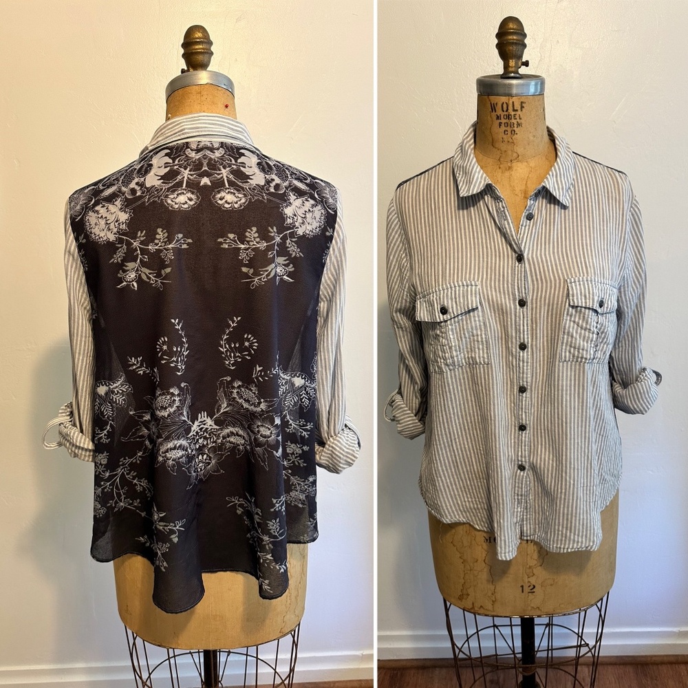 FREE PEOPLE BLUE STRIPE AND FLORAL BLOUSE